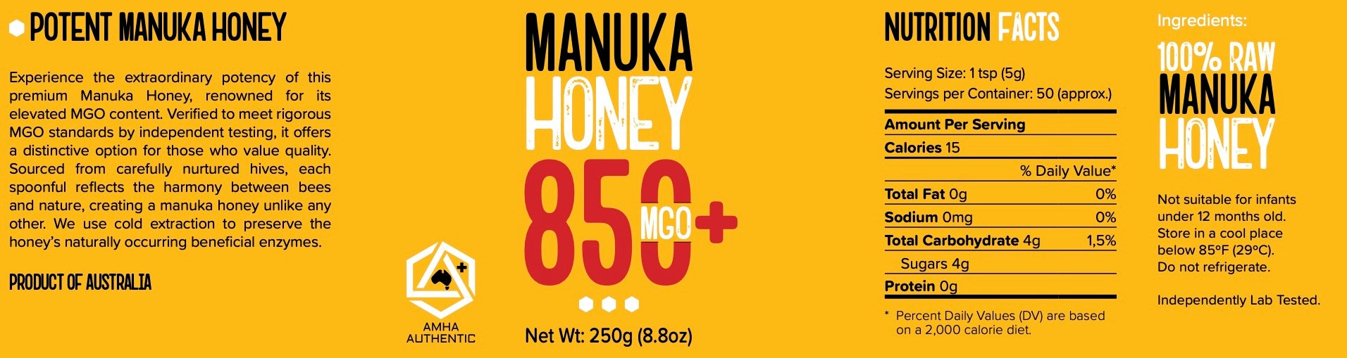 Manuka Honey 850+ MGO (250g/8.8oz)  - Shipping/Tariffs Included